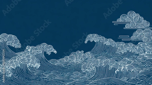 Fototapeta Japanese traditional watercolor pattern with ocean wave and cloud