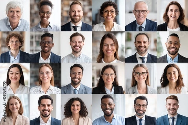 Fototapeta Collage of business team faces of assorted people for userpic and profile picture , Generative AI