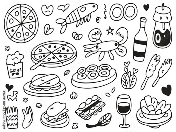 Fototapeta Playful food and drink doodles with characters pizza sandwich