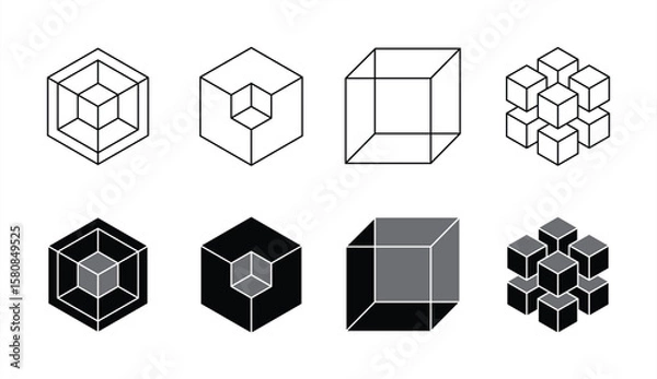 Obraz Geometric Cube Icon Set. Module, box, model, block, product. Outline and Solid 3D Blocks