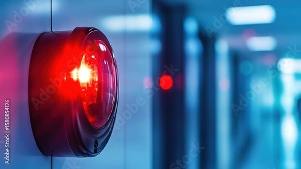 Fototapeta Red emergency alarm light illuminated on a modern wall in a blue-toned corridor with blurred lights in the background.