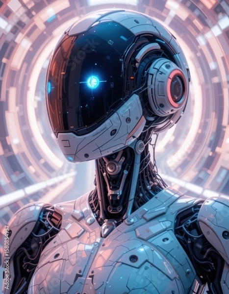 Fototapeta an android figure is displayed against a backdrop of circular, blurred lines. the robot has a reflective helmet with blue lights visible on the visor