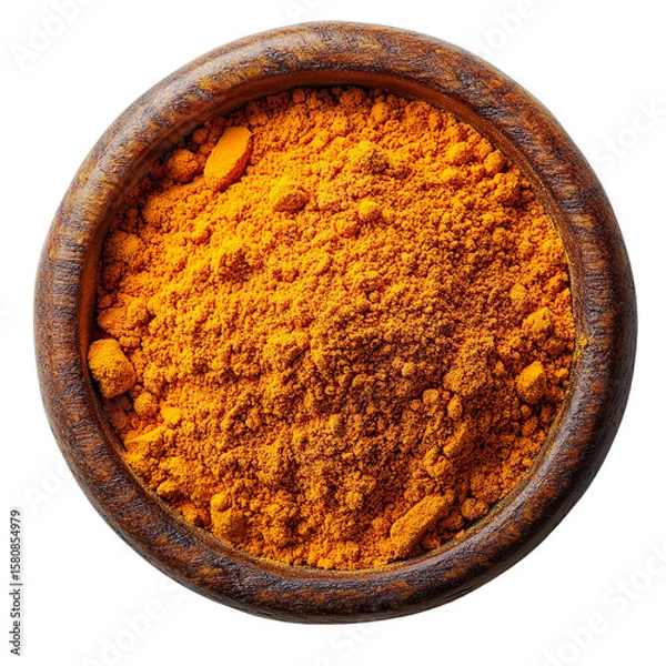 Obraz Turmeric powder in wooden bowl isolated on transparent background