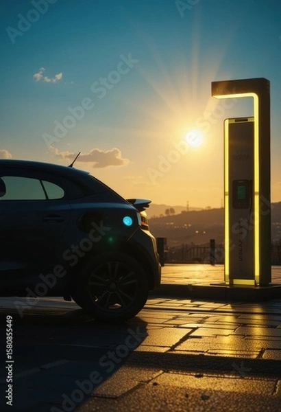 Fototapeta Capturing the essence of speed and travel, a classic red sports car drives into the sunset on a highway, symbolizing the open road and the joy of automotive transportation