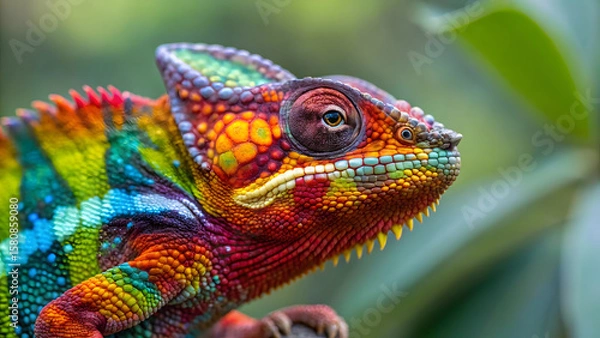 Fototapeta Green iguana lizard closeup showing detailed scales and eye