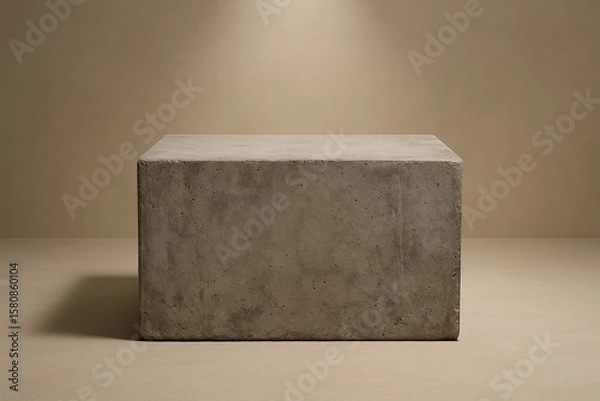 Fototapeta Minimalist concrete cube sits elegantly on a neutral surface against a serene beige background for a product presentation.