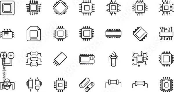 Fototapeta Vector art of a variety of microchips and electronic components are illustrated as line drawings isolated on white background, representing the intricate world of computer hardware and technology