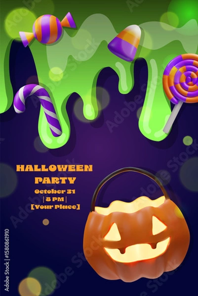 Fototapeta Vertical 3D Halloween party poster with dripping green slime, glowing pumpkin basket, and colorful floating candies. Ideal for event invitations, party announcements, and seasonal marketing materials.