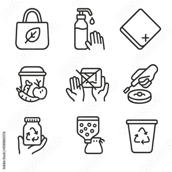 Fototapeta Items composting bringing waste choosing bag recycling zero icons icon using vector
