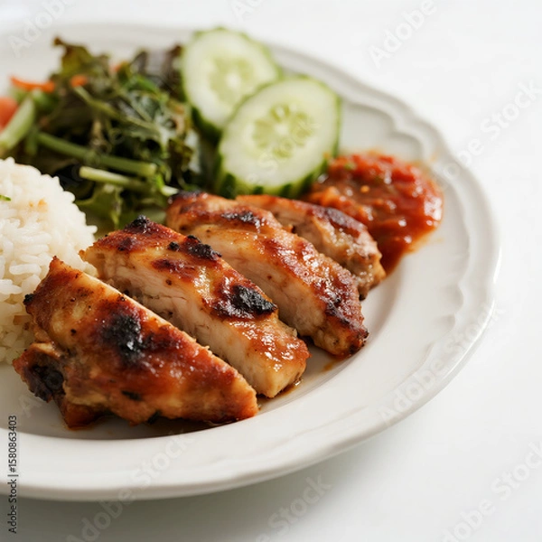Fototapeta Traditional Malaysian Healthy Meal with Grilled Ayam Bakar and Nasi Ulam