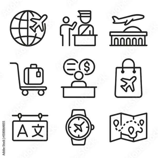 Fototapeta Terminal icon international route cart exchange vector time checkpoint airplane icons flight