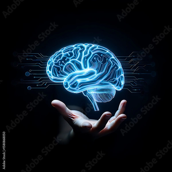 Fototapeta “Futuristic Glowing Brain Above Open Hand with Circuitry Patterns Representing Artificial Intelligence and Technological Support”