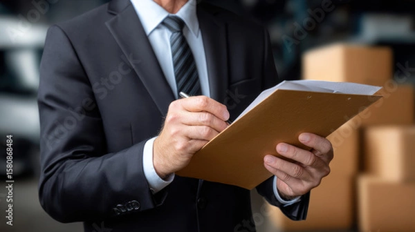 Obraz Businessman in suit writes on clipboard, focusing on logistics and inventory management