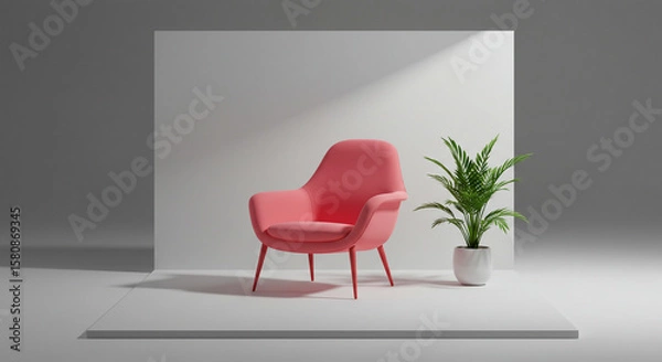 Fototapeta Colorful Relaxing 3D render chair with plant - with ray Monochrome minimal theme. Modern Pink Armchair with Palm Plant in Minimalist Setting.
