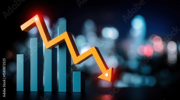 Fototapeta 3D graph with downward trend arrow symbolizes financial decline against blurred cityscape background