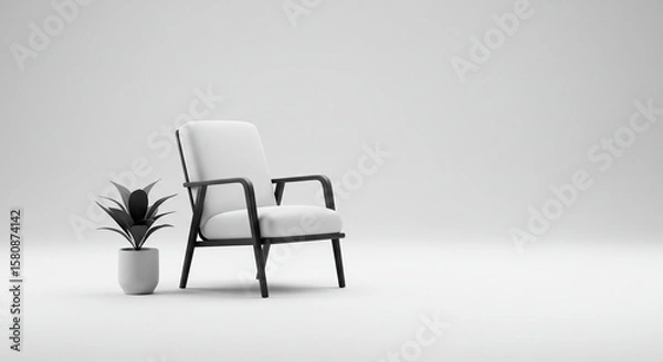 Fototapeta Relaxing 3D render chair with plant - with ray Monochrome minimal theme . Modern Minimalist Armchair with Plant in a Light Gray Studio Setting.
