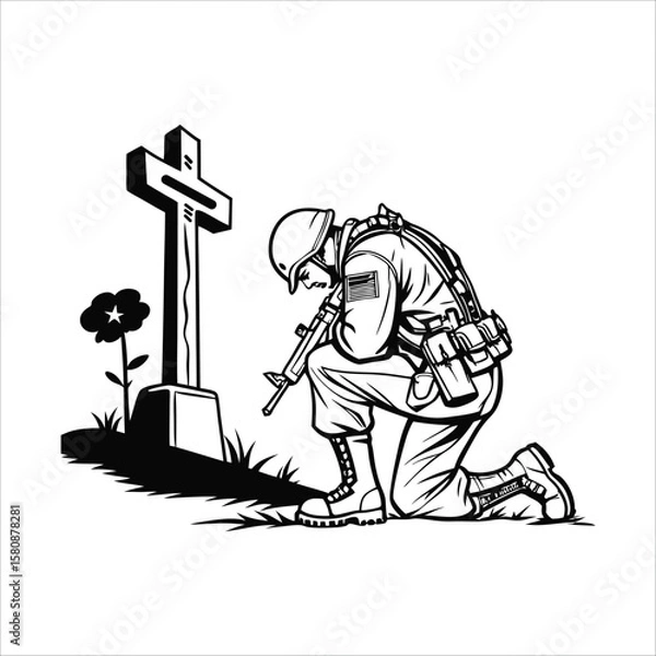 Fototapeta Soldier kneeling in respect at a grave with a flower and rifle