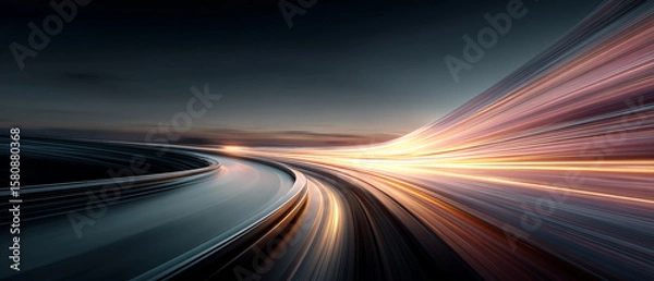 Fototapeta Curved highway at dusk with dynamic light trails creating sense of speed and adventurous motion