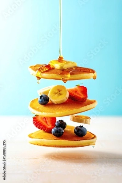 Fototapeta Delicious Stack of Pancakes with Berries, Banana, and Syrup on Bright Blue Background