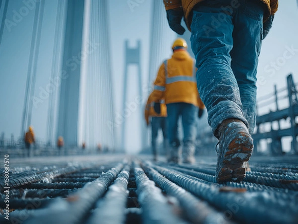 Fototapeta Construction worker walking on steel rebar on bridge site with safety gear and cold weather