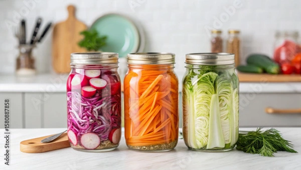 Obraz Zero-waste dinner promotes sustainability. Three jars with colorful pickled vegetables on a kitchen counter with utensils in the background.