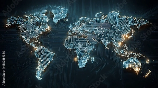 Obraz World Map Circuit Board Global Connectivity