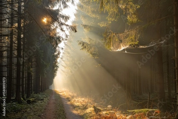 Fototapeta Sunbeams pierce through the forest canopy, creating a serene and ethereal pathway through the woodland.
