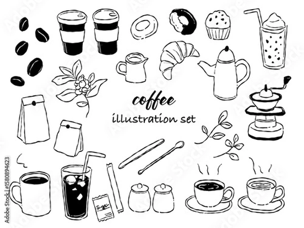 Fototapeta 手描きテイストなコーヒーやカフェのイラストセット(モノクロ線画)