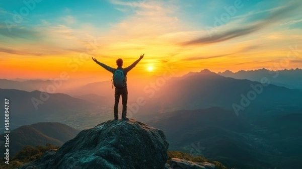 Fototapeta A person stands triumphantly on a rocky peak at sunrise, overlooking vast mountain ranges under a colorful sky.