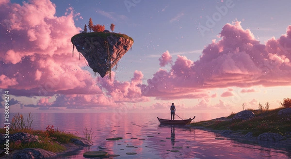 Fototapeta Floating Island Paradise. Floating island adventure magical sky travel with pink cloud reflection in water landscape beauty view.