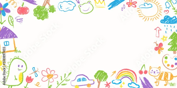 Fototapeta Colorful doodle frame, border with hand drawn crayon children drawings. Chalk texture, cute childish illustrations on white paper background. Creative template for banner, kids certificate of diploma.