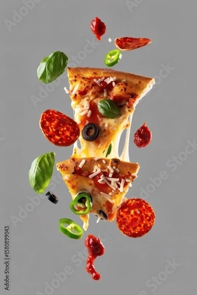Fototapeta Floating Pizza Slices with Pepperoni, Basil, and Jalapeños on a Neutral Background, Perfect for Culinary and Food Blog Visuals