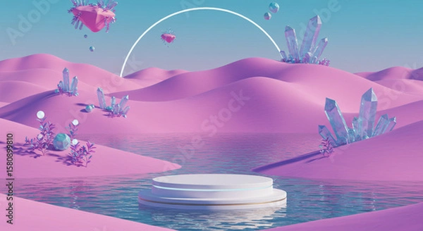 Fototapeta Futuristic fantasy, Fantasy world image. 3d render of surreal landscape with water and colorful sand. Podium, display on the background. Pastel Desert Oasis with Crystals and Product Display.