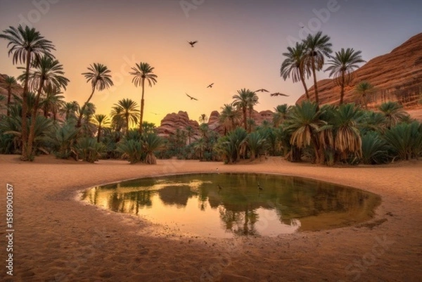 Fototapeta Tranquil Desert Oasis at Sunset A Serene Landscape of Palm Trees and Still Water