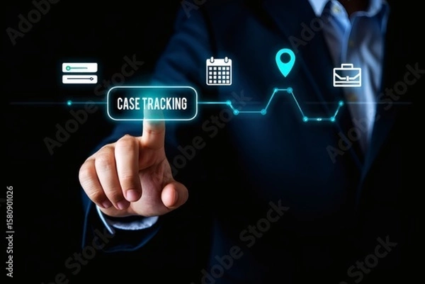 Fototapeta Digital Case Tracking A Man's Hand Interacting with a Touchscreen Interface for Business Efficiency
