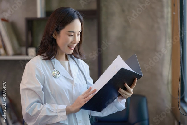 Fototapeta Asian cheerful happy female professional successful doctor practitioner in a white lab coat with a stethoscope standing smiling holding a reading paperwork document in a folder in the hospital.
