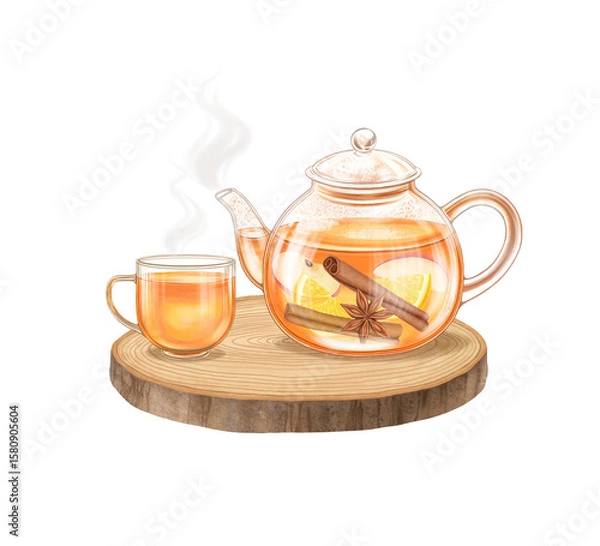 Obraz Glass teapot and cup of hot fruit herbal tea with apple, lemon, cinnamon, anise. Wooden teapot stand