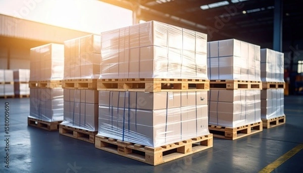 Obraz Stacked pallets of packaged goods in a warehouse illuminated by warm sunlight during evening hours