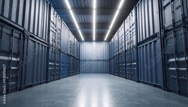 Obraz Modern warehouse interior with rows of shipping containers and bright overhead lighting