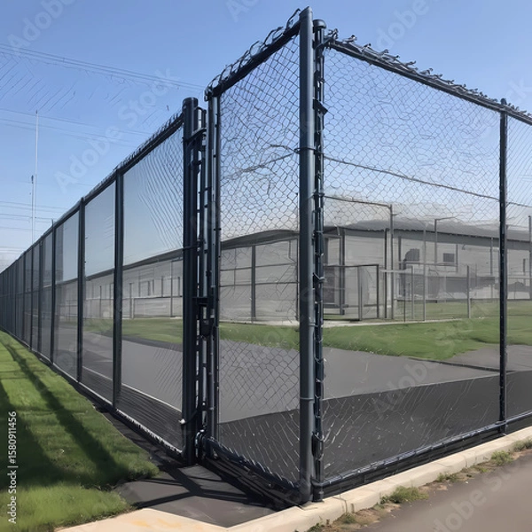 Obraz Industrial chain-link fencing in a factory ensures security and restricted access.  