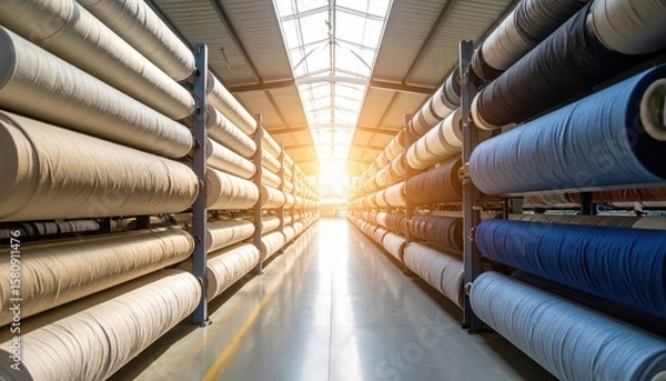 Obraz Sunlit textile warehouse showcasing rows of fabric rolls in various colors and textures