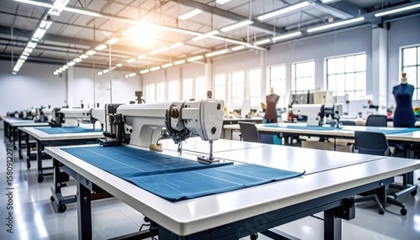 Obraz Modern sewing workshop with industrial machines, fabric laid out, bright lighting, and empty workstations