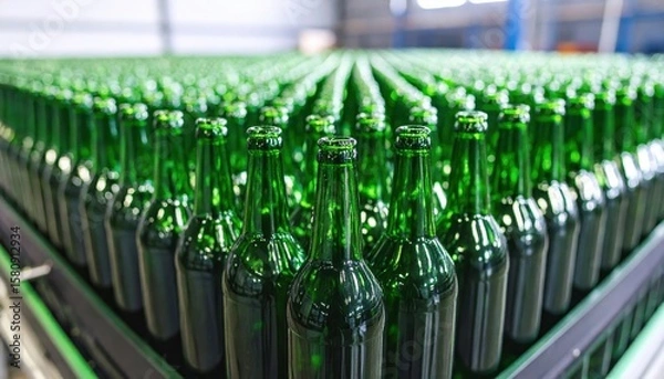 Fototapeta Rows of green glass bottles arranged neatly in a factory setting, showcasing production efficiency