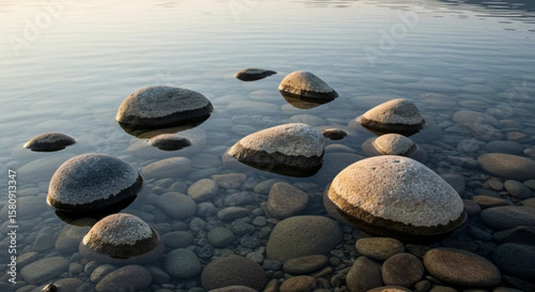 Fototapeta Smooth Stones in Clear Lake Water. A serene image of smooth, rounded rocks nestled in clear, shallow lake water.