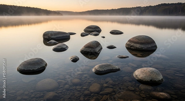 Fototapeta Smooth Stones in Clear Lake Water. A serene image of smooth, rounded rocks nestled in clear, shallow lake water.