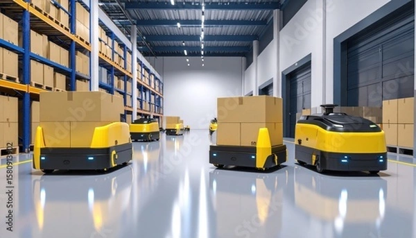 Obraz Automated robots transporting boxes in a modern warehouse with organized shelving and bright lighting