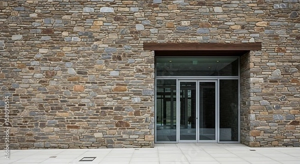Fototapeta Exterior view of a stone building with a modern glass entrance featuring sliding doors and a brown awning.