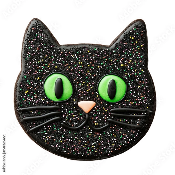 Obraz Black cat shaped cookie with green eyes and colorful sprinkle decoration, festive and playful dessert for celebrations or Halloween party