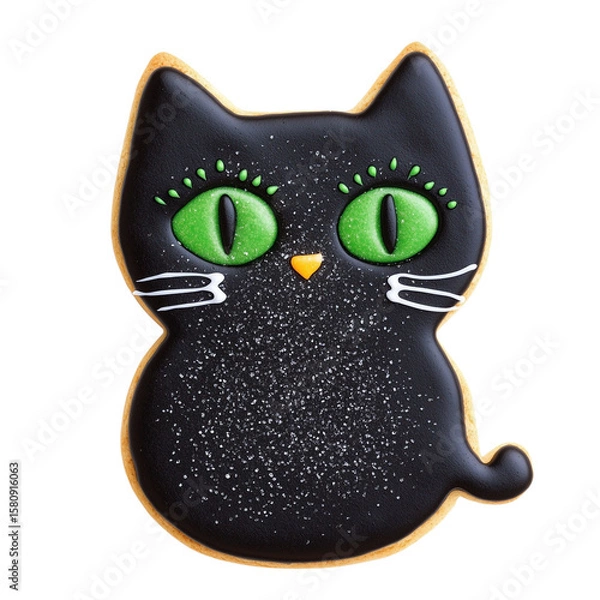Obraz Black cat shaped cookie with green eyes and white whiskers decorated with sugar sprinkles, perfect for Halloween or festive celebrations with cute and spooky vibe