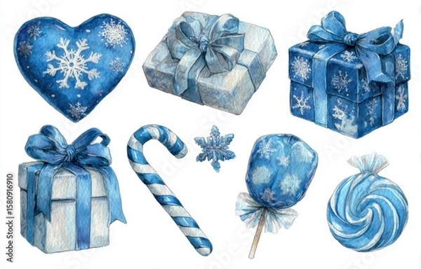 Obraz Blue and White Christmas Set with Gifts, Candy Canes, Heart, Lollipops, and Snowflakes Illustration